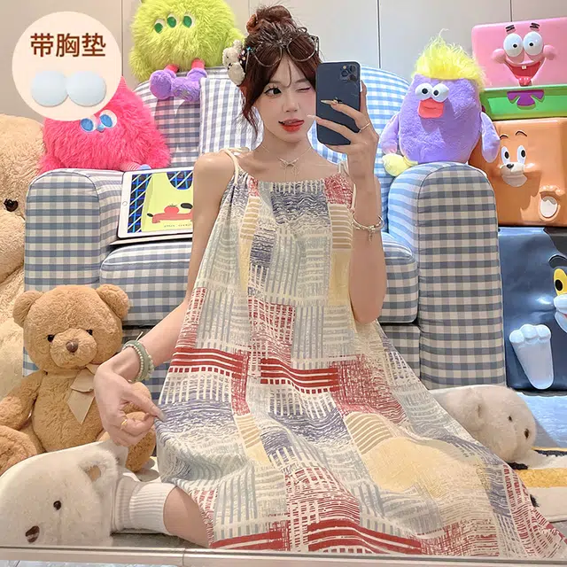 顶瓜瓜 不可拆卸胸垫性感吊带无袖拼接条纹休闲家居服睡裙 女款 图片色