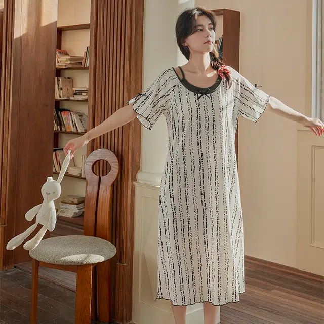顶瓜瓜 花纹透气亲肤带胸垫短袖简约舒适可外穿家居服睡裙 女款