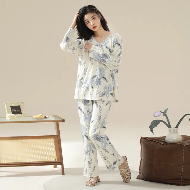 顶瓜瓜 居家女舒适休闲简约风长袖长裤家居服睡衣套装 女款