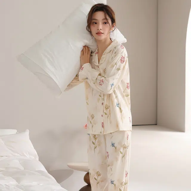 顶瓜瓜 国风长袖长裤休闲舒适花边家居服睡衣套装 女款