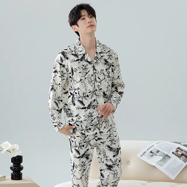 顶瓜瓜 花草满印翻领设计简约舒适可外穿家居服睡衣套装 男款