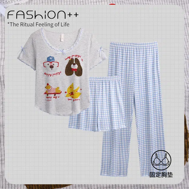 顶瓜瓜 夏季女透气舒适亲肤面料简约设计三件套家居服睡衣套装 女款