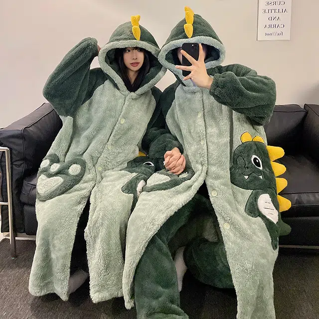 顶瓜瓜 冬季可爱恐龙时尚甜美风珊瑚绒加绒加厚保暖连帽休闲舒适家居服睡衣套装 男女同款