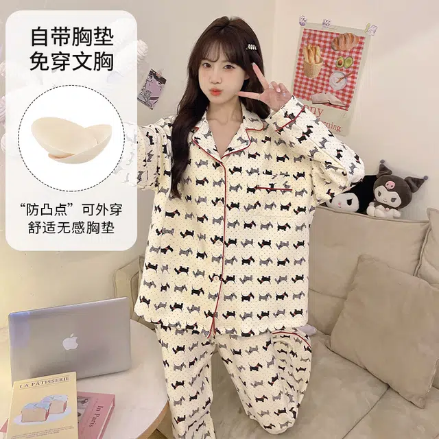 顶瓜瓜 家居简约小狗印花休闲长袖长裤服睡衣套装 女款