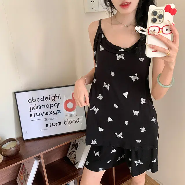 顶瓜瓜 莫代尔带胸垫性感吊带短裤可爱甜美纯色蝴蝶两件套家居服夏季睡衣套装 女款