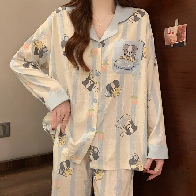 顶瓜瓜 小狗满印翻领带胸垫简约透气亲肤舒适可外穿家居服睡衣套装 女款