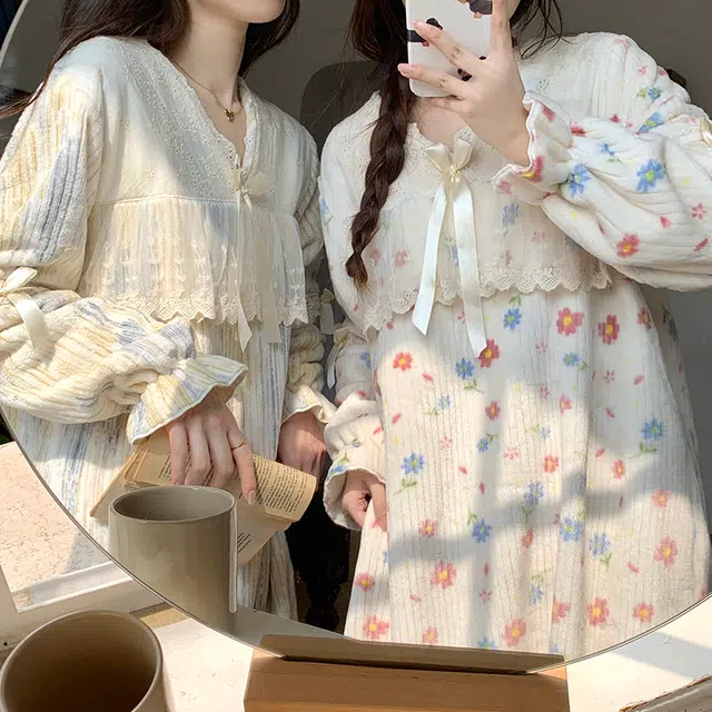 顶瓜瓜 珊瑚绒保暖加绒加厚公主风碎花满印长袖休闲家居服睡裙 女款