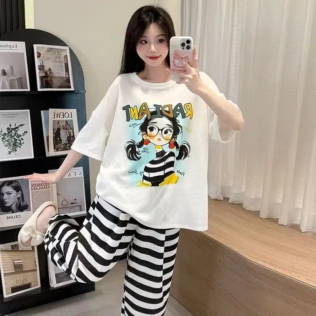 顶瓜瓜 棉质短袖长裤圆领套头可爱卡通女孩条纹休闲家居服夏季睡衣礼盒 女款