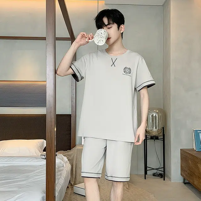 顶瓜瓜 圆领简约舒适可外穿家居服短袖五分裤睡衣套装 男款