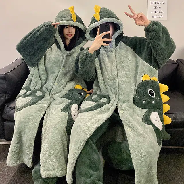 顶瓜瓜 冬季可爱恐龙时尚甜美风珊瑚绒加绒加厚保暖连帽休闲舒适家居服睡衣套装 男女同款