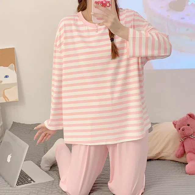 顶瓜瓜 圆领条纹设计简约舒适可外穿家居服睡衣套装 女款