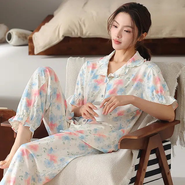 顶瓜瓜 短袖长裤甜美休闲舒适简约家居服睡衣套装 女款