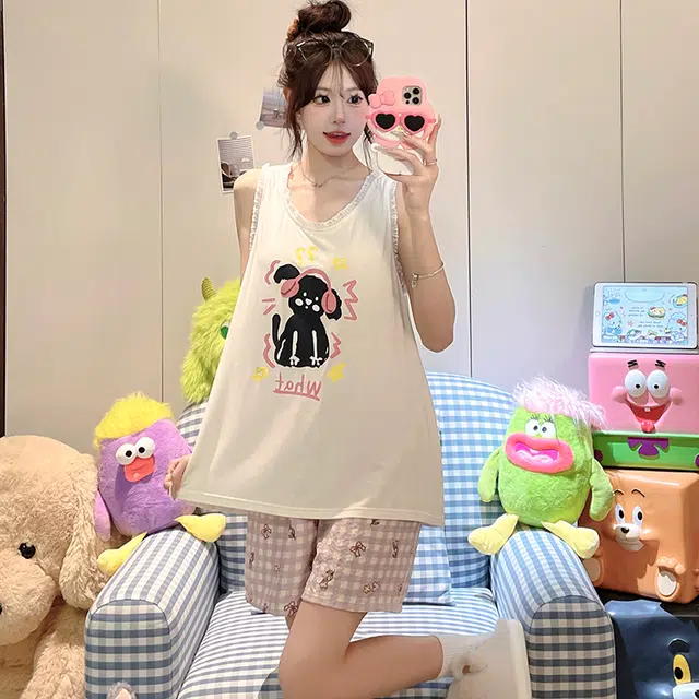 顶瓜瓜 带胸垫无袖上衣短裤泡泡皱圆领套头可爱卡通小狗休闲两件套家居服夏季睡衣套装 女款