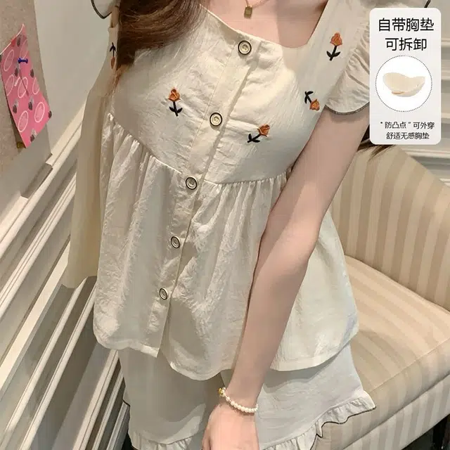 顶瓜瓜 带胸垫夏季女透气舒适休闲宽松家居服睡衣套装 女款