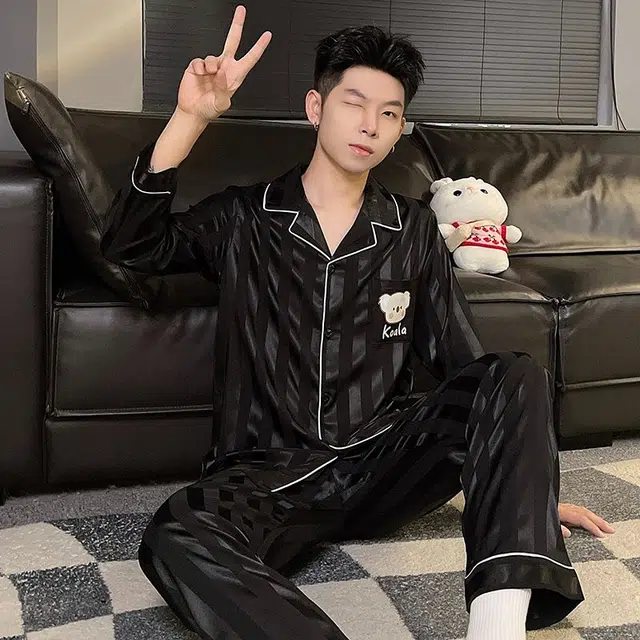 顶瓜瓜 翻领条纹卡通小熊简约风休闲舒适家居服睡衣套装 男款