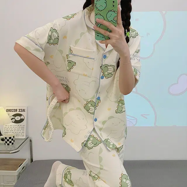 顶瓜瓜 夏季女透气舒适休闲外穿短袖家居服睡衣套装 女款