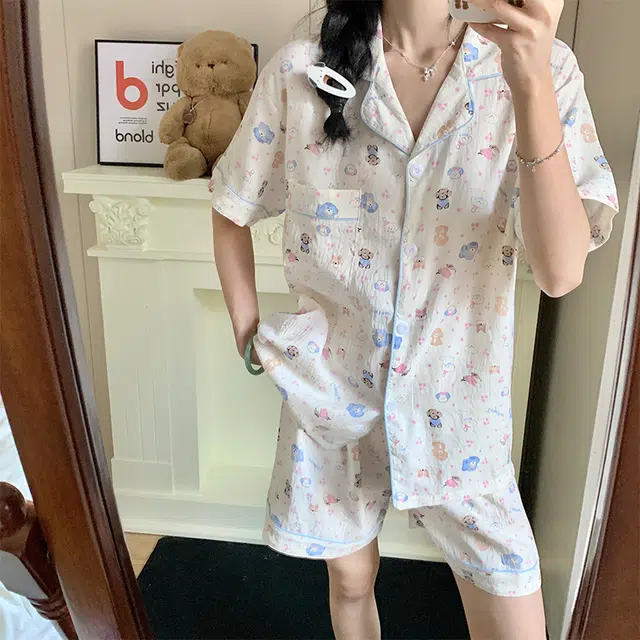 顶瓜瓜 云朵棉短袖短裤翻领开衫可爱卡通小狗休闲家居服夏季睡衣套装 女款