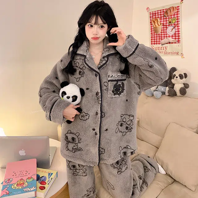 顶瓜瓜 冬季翻领卡通小飞龙时尚甜美风珊瑚绒加绒加厚保暖休闲家居服睡衣套装 女款