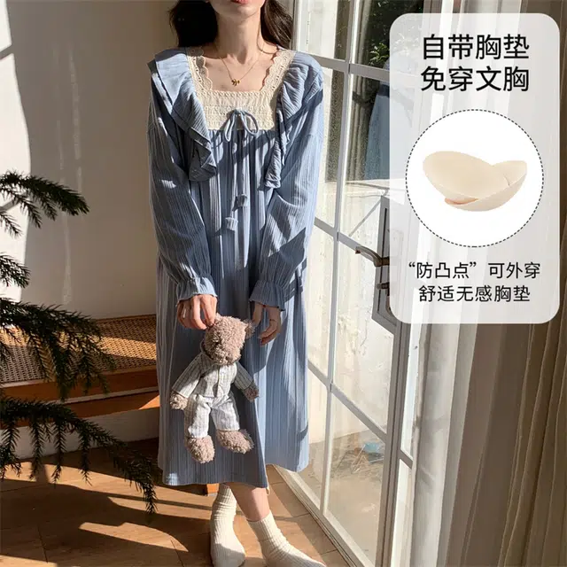 顶瓜瓜 带胸垫家居亲肤简约透气舒适长袖方领服睡裙 女款