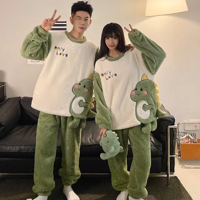 顶瓜瓜 圆领卡通小恐龙时尚甜美风珊瑚绒加绒加保暖休闲舒适冬季家居服睡衣套装 男女同款