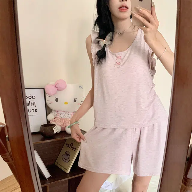 顶瓜瓜 莫代尔带胸垫无袖背心短裤可爱甜美纯色休闲两件套家居服夏季睡衣套装 女款