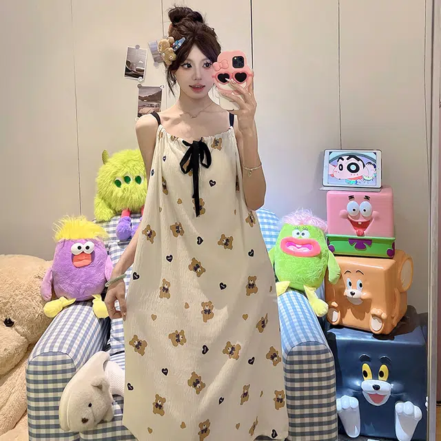 顶瓜瓜 带胸垫性感吊带爱心小熊无袖家居服睡裙 女款 图片色