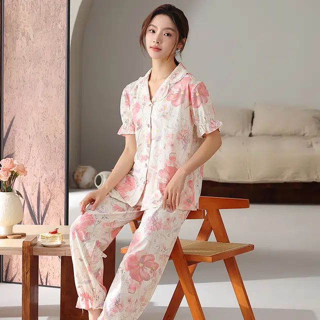 顶瓜瓜 国风灯笼短袖长裤大花休闲舒适家居服睡衣套装 女款