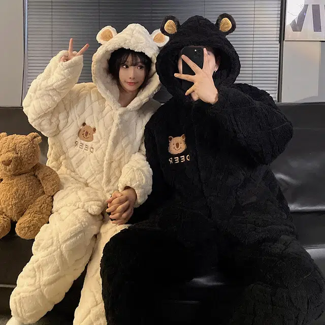 顶瓜瓜 冬季可爱小熊甜美风三层夹棉加绒加厚保暖连帽休闲舒适家居服睡衣套装 男女同款