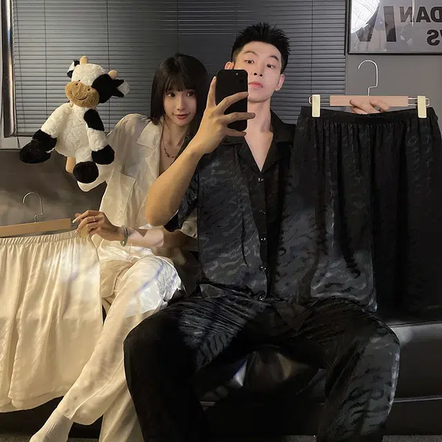 顶瓜瓜 家居简约波浪纹开衫翻领短袖服睡衣礼盒 男女同款