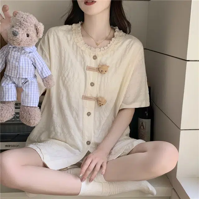 顶瓜瓜 舒适简约休闲透气宽松两件套家居服夏季睡衣套装 女款