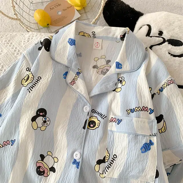 顶瓜瓜 夏季女透气舒适简约设计翻领卡通企鹅图案家居服睡衣套装 女款