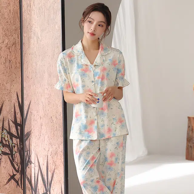 顶瓜瓜 短袖长裤甜美休闲舒适简约家居服睡衣套装 女款