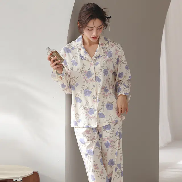 顶瓜瓜 国风长袖长裤休闲甜美舒适花朵家居服睡衣套装 女款