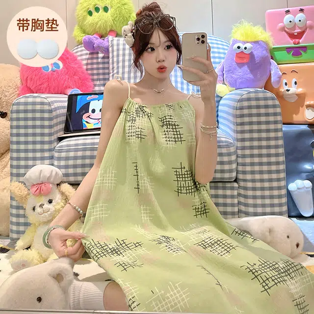 顶瓜瓜 不可拆卸胸垫性感吊带无袖小清新条纹休闲家居服睡裙 女款 图片色