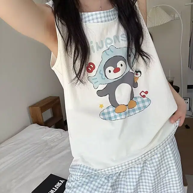 顶瓜瓜 夏季女透气舒适休闲可爱简约设计无袖家居服睡衣套装 女款