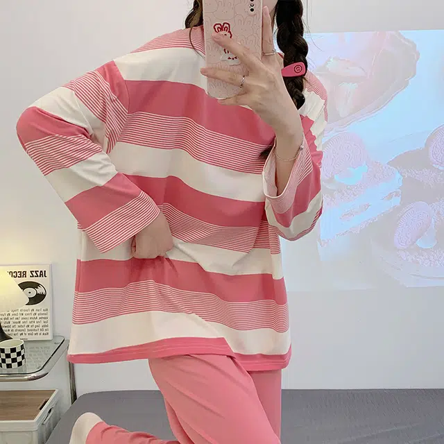 顶瓜瓜 渐变圆领条纹图案设计简约舒适可外穿家居服睡衣套装 女款