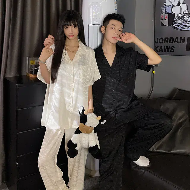 顶瓜瓜 冰丝短袖短裤冰凉感休闲舒适条纹情侣家居服睡衣套装 男女同款