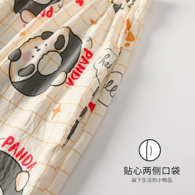 顶瓜瓜 云朵棉短袖短裤长裤翻领开衫可爱卡通格子熊猫三件套家居服夏季睡衣套装 女款