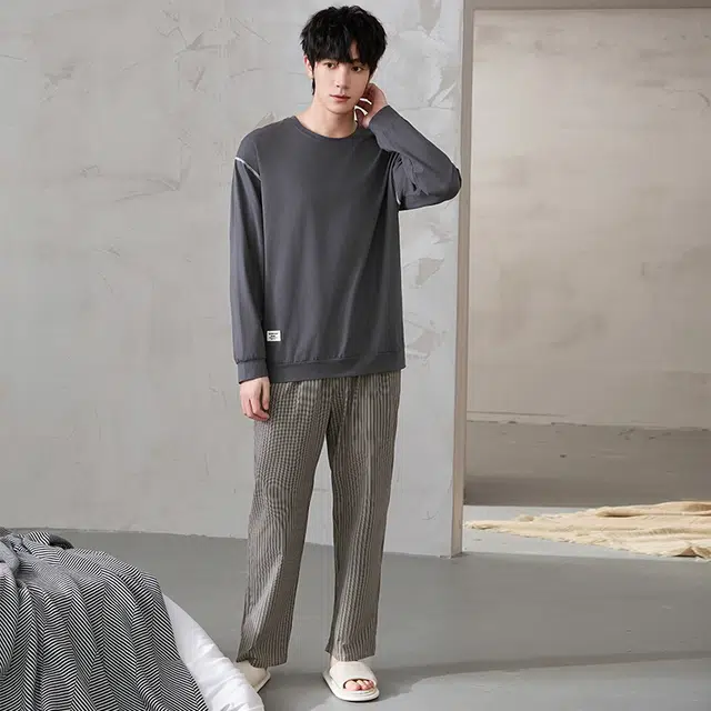 顶瓜瓜 圆领设计纯棉亲肤舒适可外穿家居服睡衣套装 男款