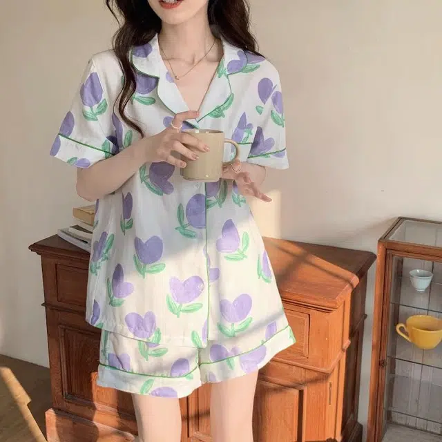 顶瓜瓜 简约舒适亲肤透气时尚短袖短裤家居服睡衣套装 女款