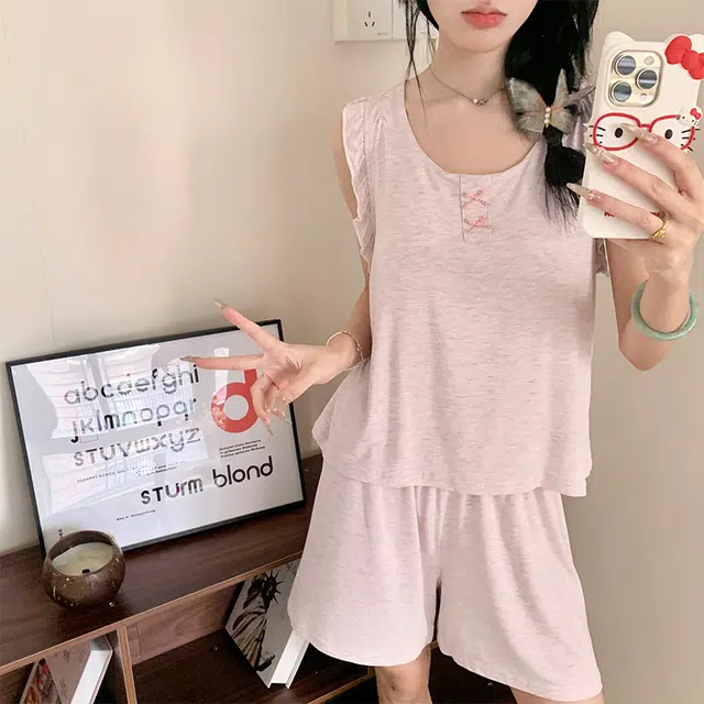 顶瓜瓜 莫代尔带胸垫无袖背心短裤可爱甜美纯色休闲两件套家居服夏季睡衣套装 女款
