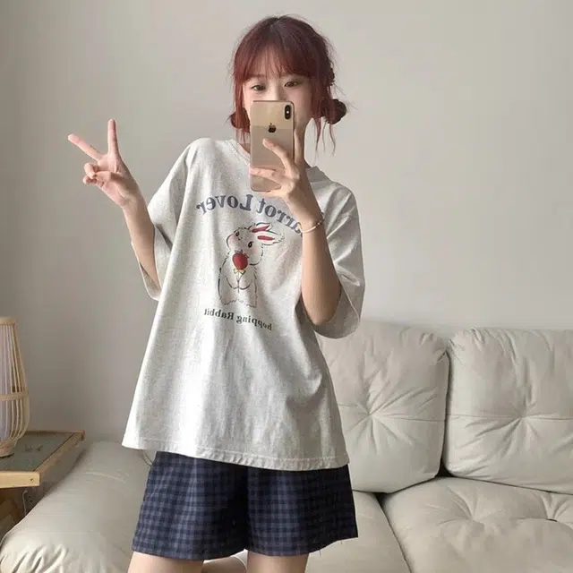 顶瓜瓜 云朵棉短袖短裤圆领套头简约甜美兔子格子家居服夏季睡衣礼盒 女款