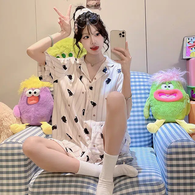 顶瓜瓜 棉质短袖短裤翻领开衫可爱卡通小熊条纹两件套家居服夏季睡衣套装  女款