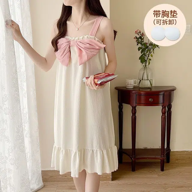 顶瓜瓜 带胸垫可拆卸性感无袖吊带中长裙甜美可爱蝴蝶结家居服睡裙 女款