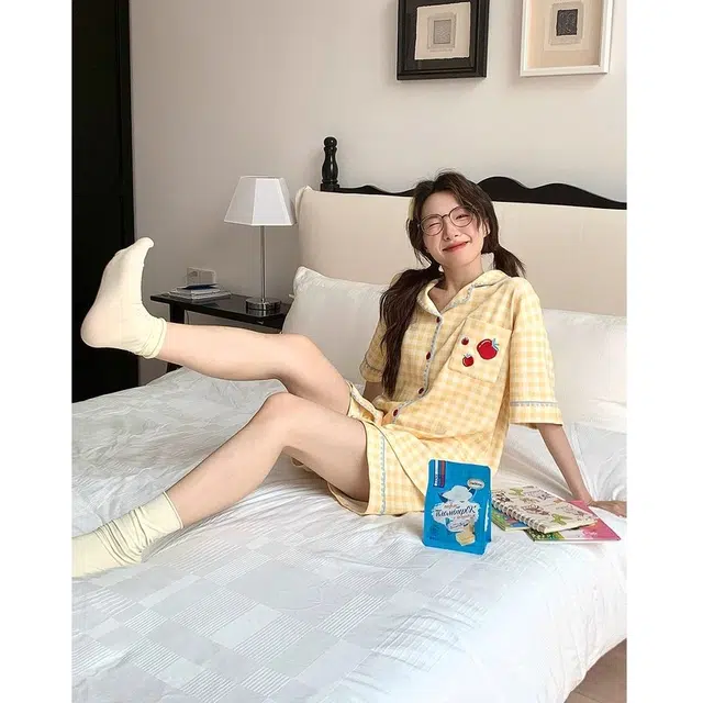 顶瓜瓜 格子透气舒适休闲可爱短袖家居服睡衣套装 女款