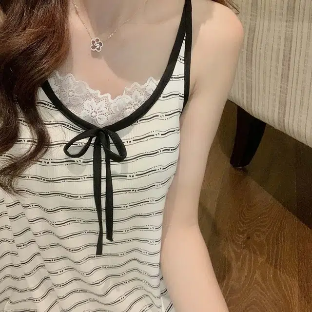 顶瓜瓜 莫代尔棉带胸垫性感吊带长裙圆领套头条纹花边简约舒适休闲家居服夏季睡裙 女款