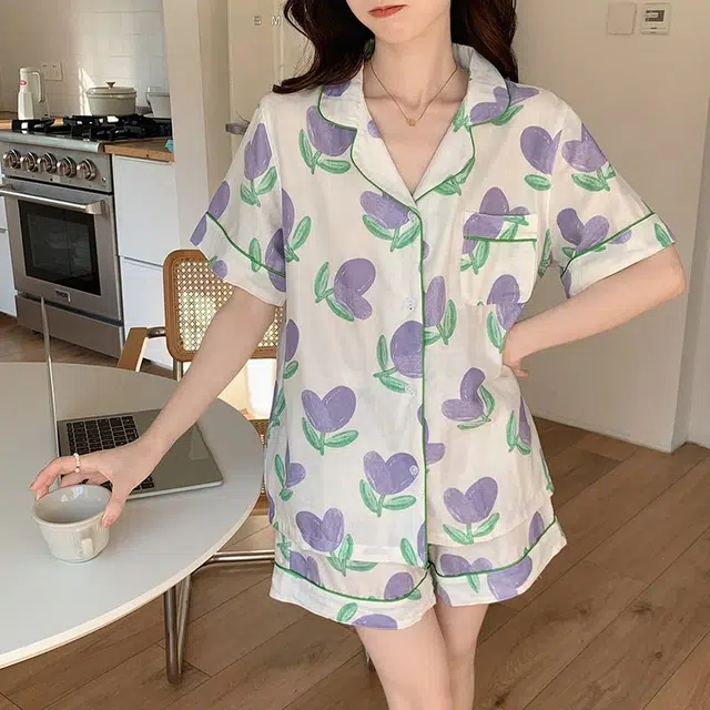 顶瓜瓜 简约舒适亲肤透气时尚短袖短裤家居服睡衣套装 女款