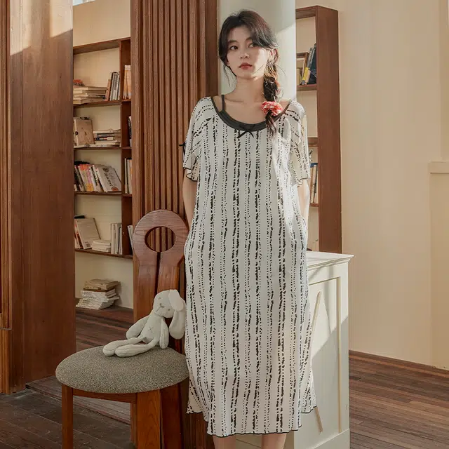 顶瓜瓜 花纹透气亲肤带胸垫短袖简约舒适可外穿家居服睡裙 女款