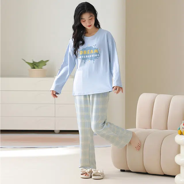 顶瓜瓜 带胸垫简约舒适纯棉可外穿家居服长袖长裤睡衣套装 女款