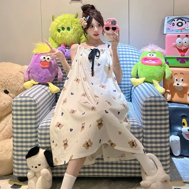 顶瓜瓜 带胸垫性感吊带爱心小熊无袖家居服睡裙 女款 图片色
